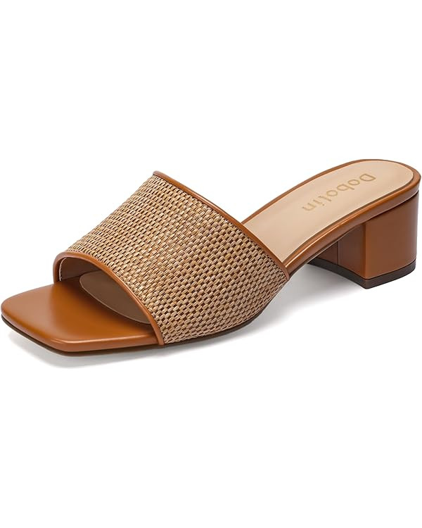 Women's Raffia Heeled Slide Sandals, Woven Square Open Toe Slip On Mules with Low Block Heel Dres... | Amazon (US)