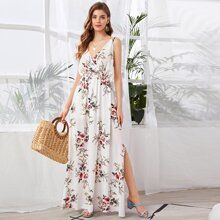 Double Strap Slit Thigh Floral Maxi Dress | SHEIN