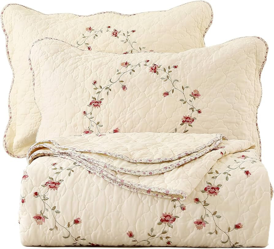 vctops 3-Piece Floral Embroidered Bedspread Coverlet Set Oversize Queen 100% Cotton Reversible Pa... | Amazon (US)