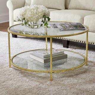 Home Decorators Collection Bella Medium Round Gold Metal and Glass Coffee Table with Shelf (34 in... | The Home Depot