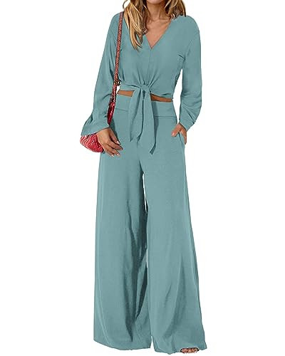 PRETTYGARDEN Women's 2 Piece Outfits 2026 Spring Fashion V Neck Long Sleeve Strappy Crop Top Wide Leg Pant Lounge Sets(Blue Green,XX-Large) | Amazon (US)