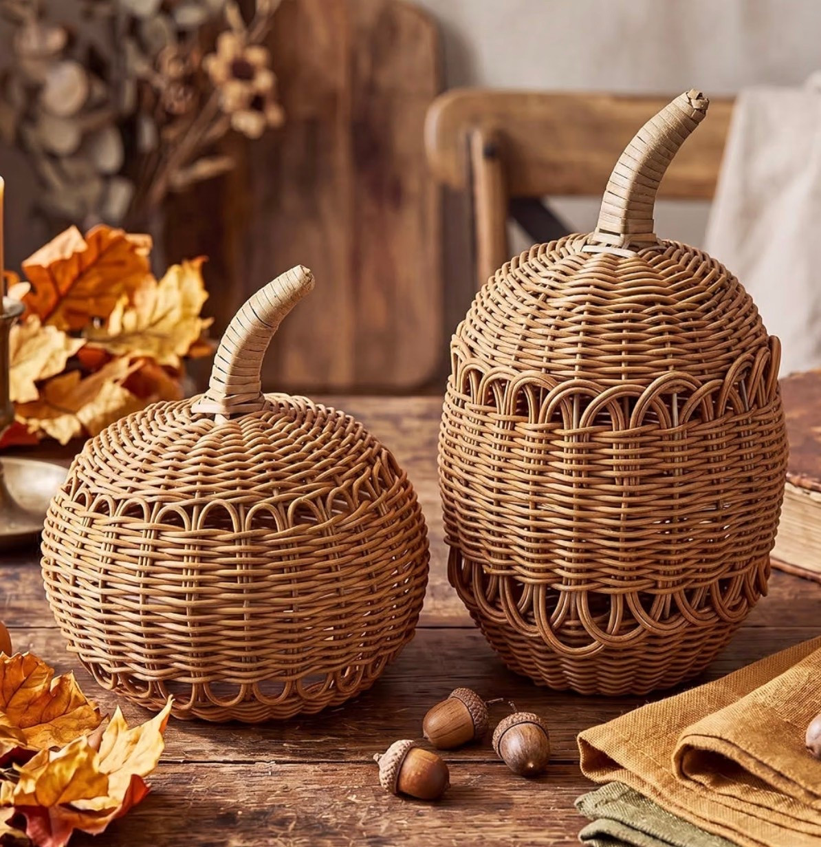 Woven Rattan Pumpkin Décor for Cozy Fall Styling 🍂🎃

These woven rattan pumpkins are the perfect way to add warmth and texture to your fall decorating! 🤎 Their handcrafted look and natural finish make them a beautiful addition to farmhouse, coastal, organic modern, or traditional décor. I love styling them on a mantel, entry table, dining table, or front porch with lanterns, candles, and colorful fall leaves for a cozy seasonal look.

The set includes two different sizes, making it easy to create dimension in your displays. These timeless pumpkins transition beautifully from early fall through Thanksgiving and are pieces you’ll reach for year after year. ✨

Fall home décor, woven pumpkins, rattan pumpkin décor, wicker pumpkins, neutral fall décor, farmhouse fall decorating, organic modern home, Thanksgiving décor, autumn centerpiece, mantel styling, entryway décor, cozy fall aesthetic, seasonal decorating, natural home accents, Amazon fall finds.

#LTKHome #LTKSeasonal #LTKmomlife