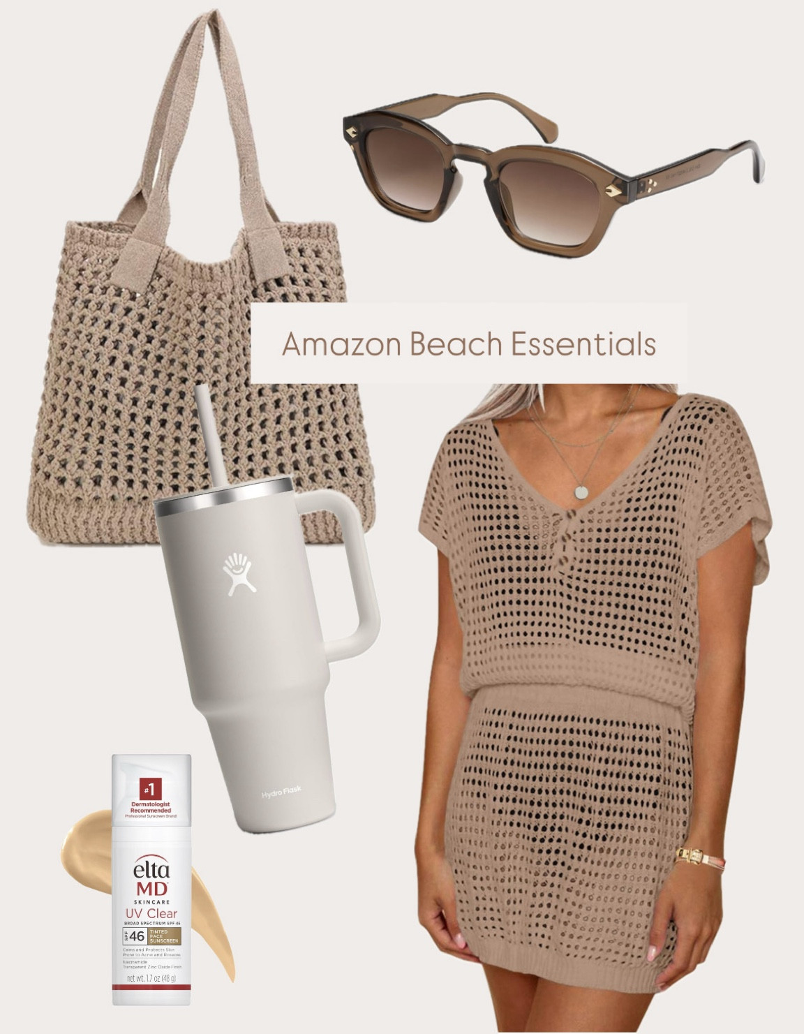 Amazon beach essentials

Crochet tote bag
Hydroflask tumbler
Water bottle
Sunglasses
SPF Tinted moisturizer 
Sunscreen
Coverup 

#LTKFindsUnder50 #LTKStyleTip #LTKSwim