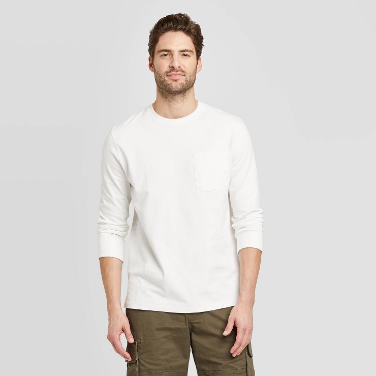 Men&#39;s Long Sleeve Garment Dyed Pocket T-Shirt - Goodfellow &#38; Co&#8482; White M | Target