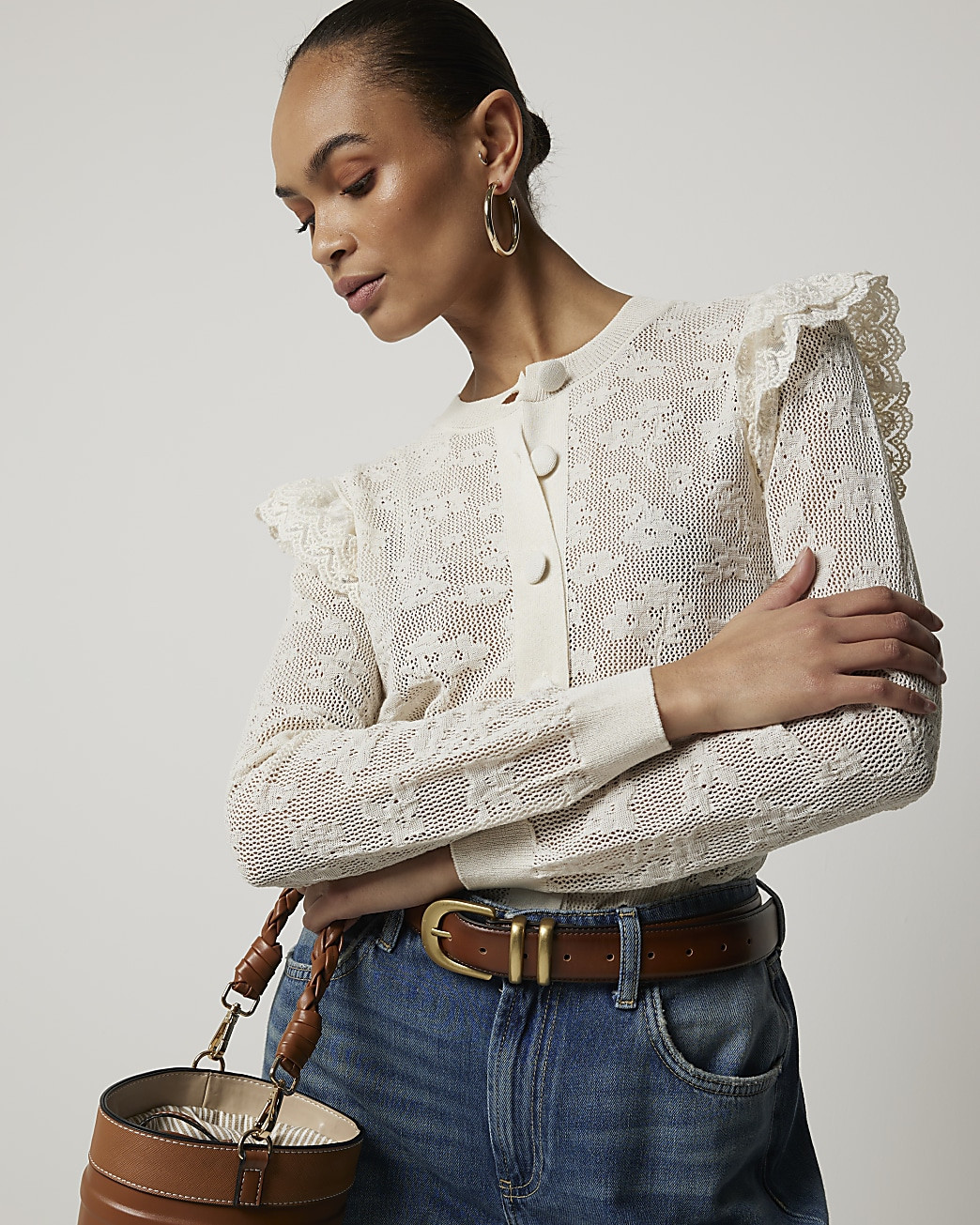 Beige floral lace frill cardigan | River Island (UK & IE)