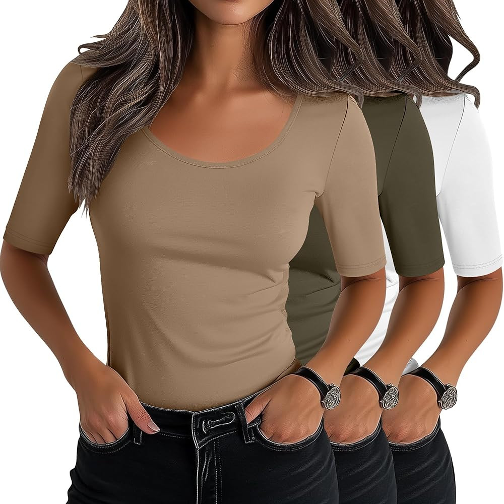 Neer 3 Pack Women's Scoop Neck Tops Half Sleeve Slim Fitted Cotton Blend Stretchy T-Shirts Tight ... | Amazon (US)