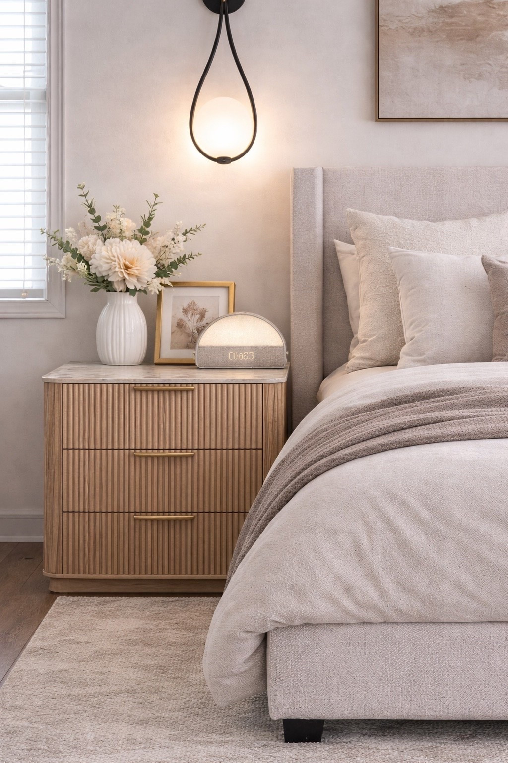 Dreamy neutral bedroom moment 🤍
King upholstered bed from @Wayfair + fluted Amazon nightstand + soft layered textures = my love language.  

Sharing all the details — from the sconces to the marble-top nightstand and cozy rug — linked here ✨

#LTKhome #BedroomInspo #NeutralHome #ModernLuxe #AmazonHome #Wayfair 

#LTKSeasonal #LTKHome #LTKSaleAlert
