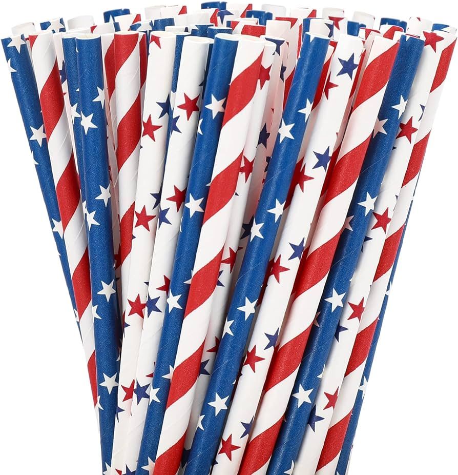 Whaline 200Pcs Independence Day Paper Straws Star Stripe Disposable Straws Red Blue White Drinkin... | Amazon (US)