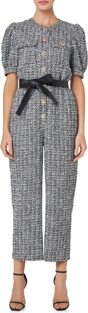 English Factory Tweed Puff Sleeve Ankle Jumpsuit | Nordstrom | Nordstrom
