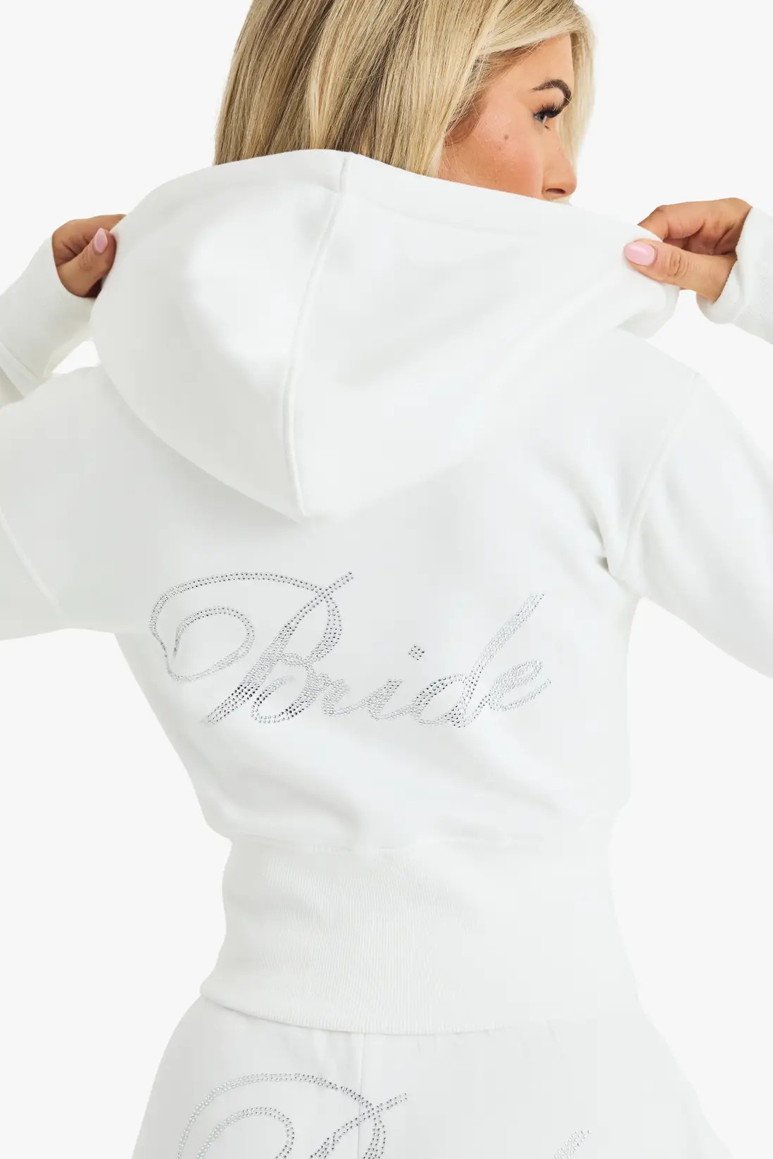 White Bridal 'Bride' Diamante Slogan Cropped Hoodie | Boohoo USA | boohoo (US & Canada)