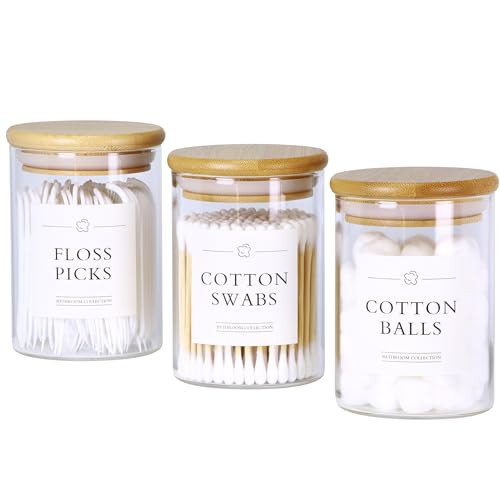 INIUNIK 3 Pack Qtip Holder Dispenser - Glass Apothecary Jars with Lids, Cotton Ball Pad Swab Round Holder, Bamboo Bathroom Accessories, Bathroom Organizers Containers Jars Canisters with Lids | Amazon (US)
