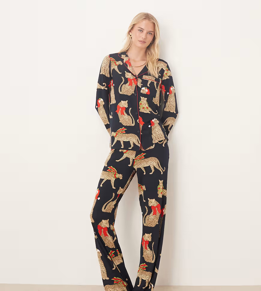 Chelsea Peers Tall poly long sleeve revere pajama set in Christmas leopards print-Navy | ASOS (Global)