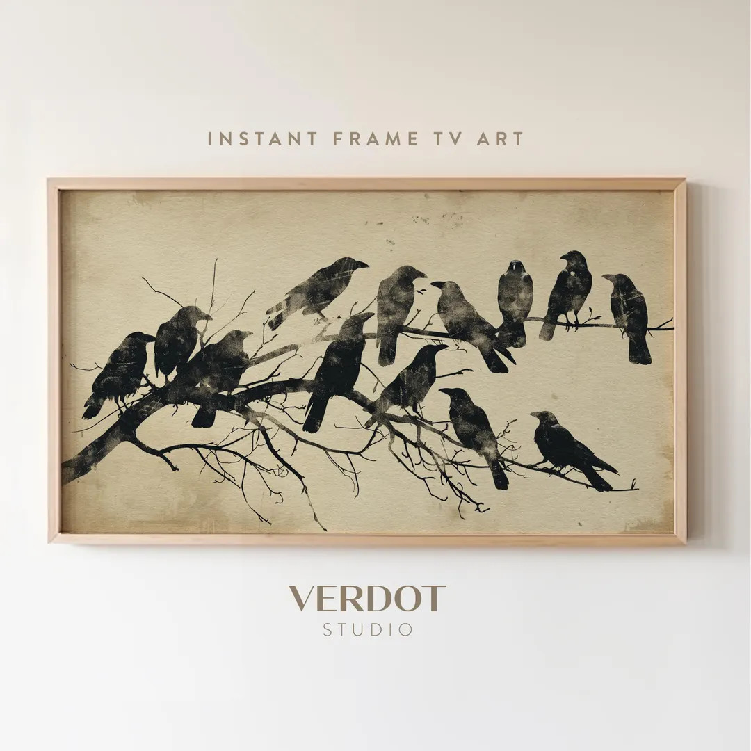 Black Crows Halloween Frame TV Art, Neutral Halloween Painting, Birds on Branch Tv Art, Fall Scre... | Etsy (US)