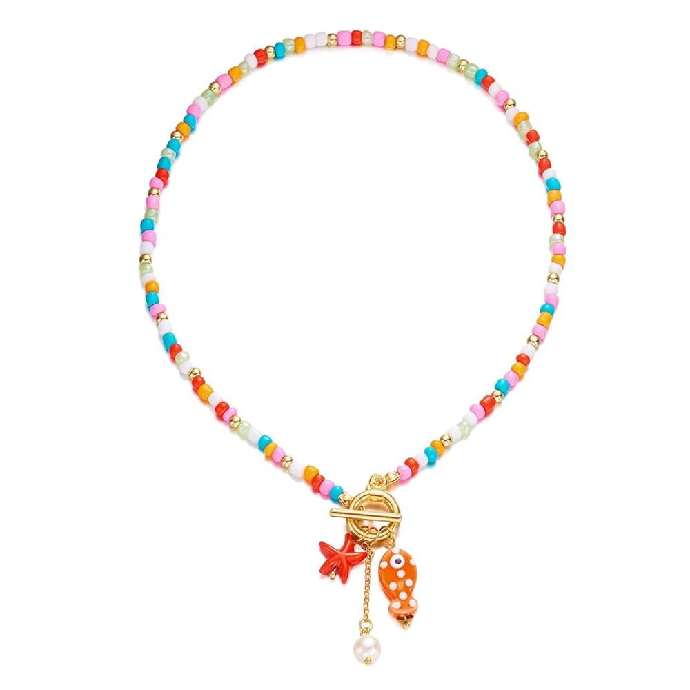 Starfish Fish Toggle Necklace Boho Colorful Pearl Beaded Necklace Summer Coastal Beachy Beach Haw... | Amazon (US)