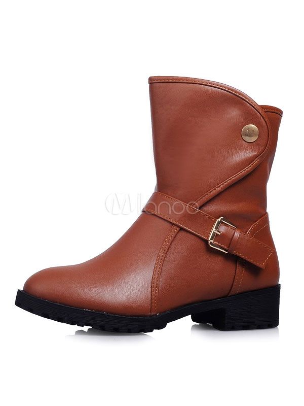 Brown Ankle Boots Women's Round Toe Buckle Detail Slip On Booties | Milanoo