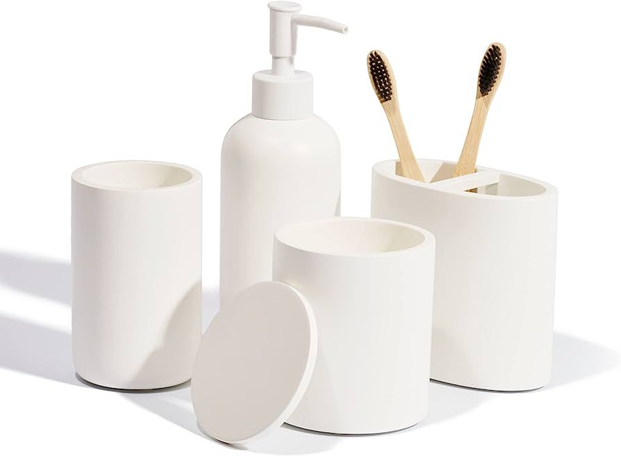 Premium 4 Pcs White Bathroom Accessories Set Complete. Bathroom Soap Dispenser Set. Modern Bathro... | Amazon (US)