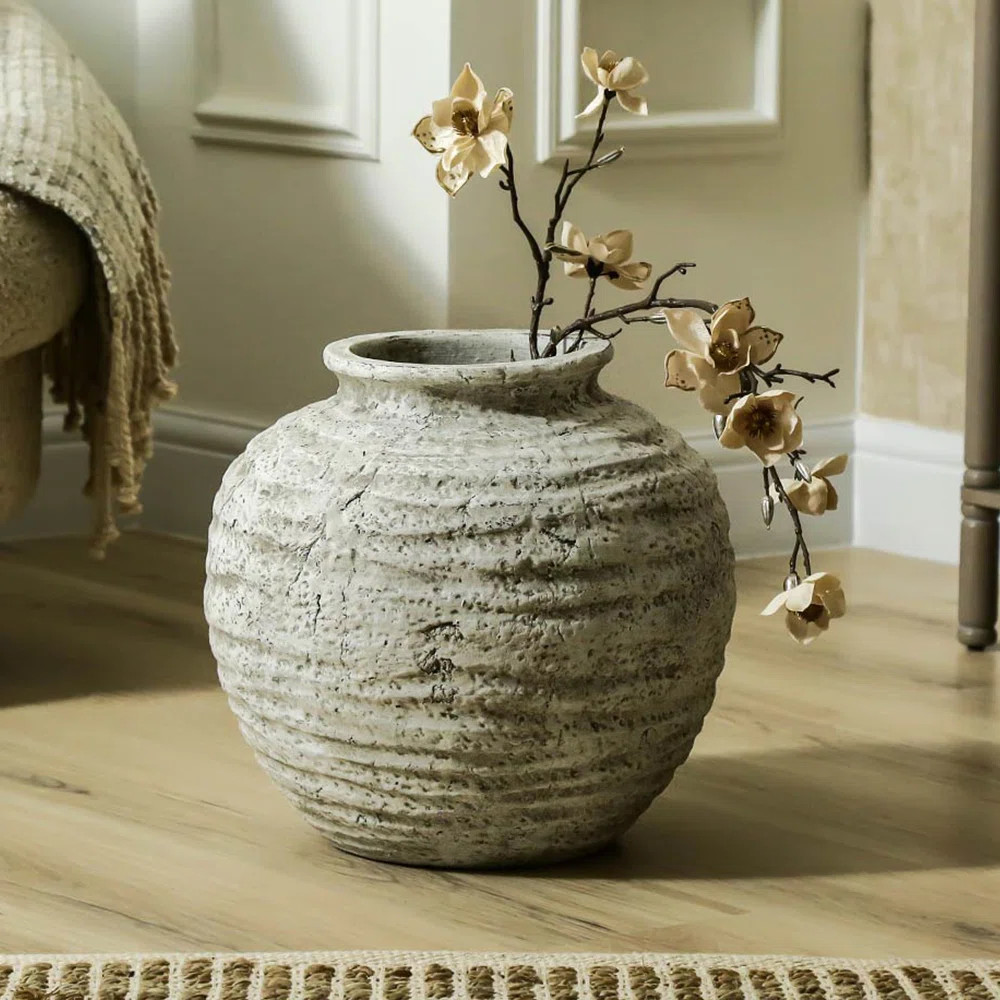 Almada 33cm Antique White Terracotta Flower Pot, Elegant Pottery Stone Finish Floor Vase for Home... | Wayfair UK