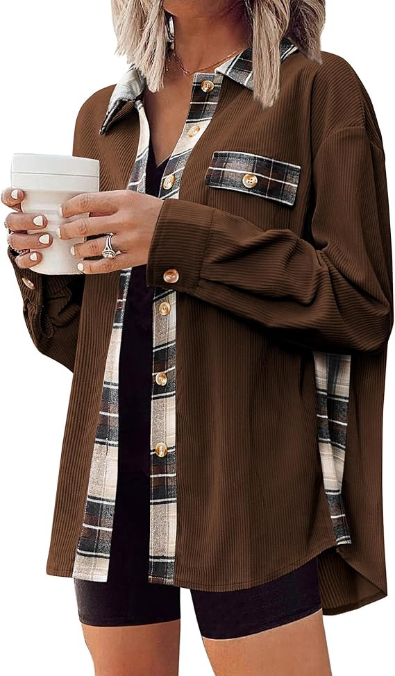 Zeagoo Womens Corduroy Flannel Shacket Jacket Casual Plaid Button Down Shirts Long Sleeve Fall To... | Amazon (US)