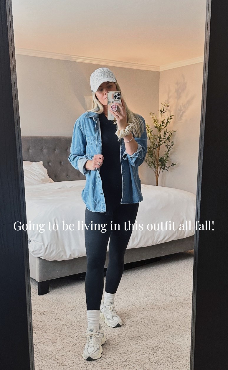 Casual everyday mom life outfit 🤍 wearing a black one piece jumpsuit layered with an oversized denim shacket from target 🎯, ankle socks, and my favorite sneakers new balance 9060s! 😍 finished with a classic muted leopard print baseball hat from Walmart. ✨🐆 the perfect cool mom, on the go look! 

Comfy, sporty, and mom life approved. ✔️ be sure to follow for more everyday mom life outfit inspo! 🫶🤎

#LTKStyleTip #LTKFindsUnder50 #LTKShoeCrush