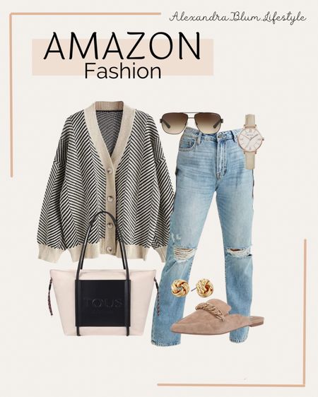 Amazon fashion casual outfit idea!! Oversized cardigan, distressed denim jeans, suede mules, tote bag, sunglasses, nude watch, gold stud earrings. 

#LTKitbag #LTKFind #LTKSeasonal