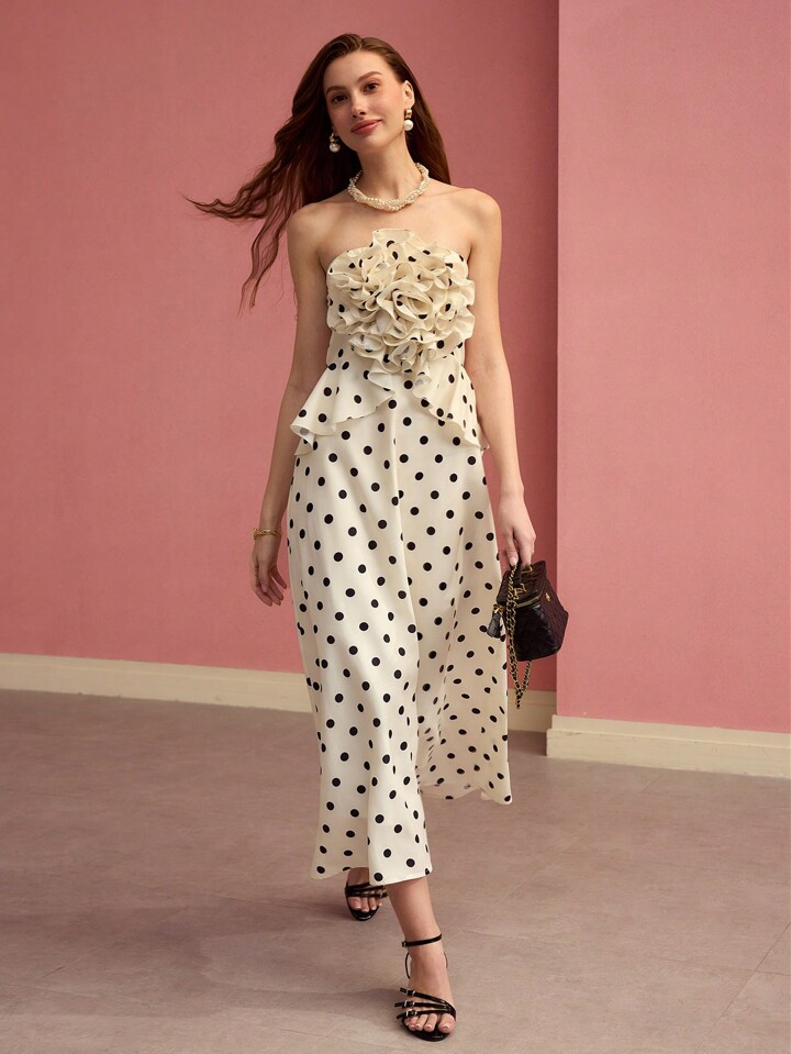 MOTF PREMIUM POLKA DOT STEREO FLORAL TUBE DRESS,SPRING/SUMMER | SHEIN