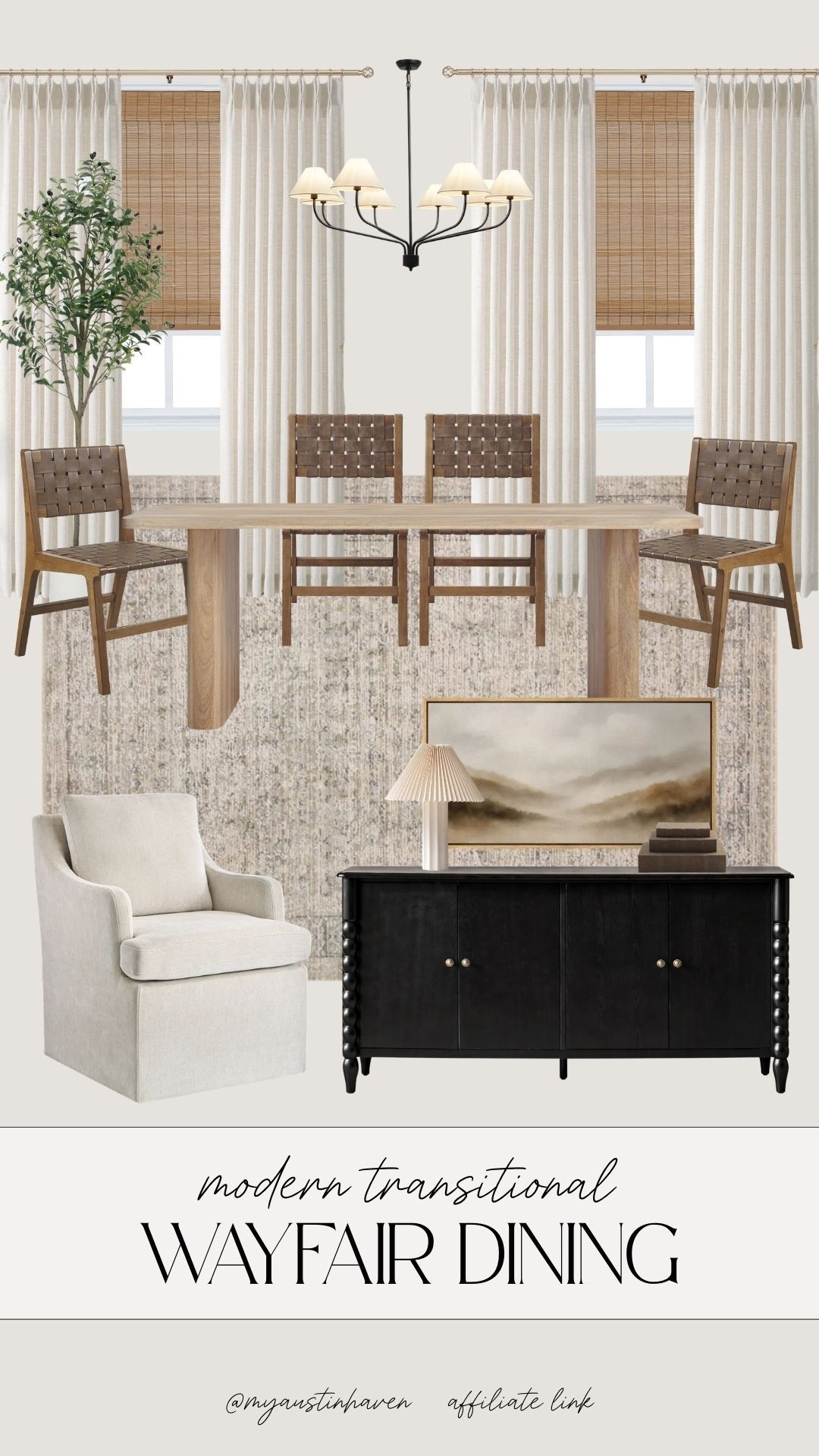 Curated modern dining room from Wayfair. 🤎 Neutral textures, woven chairs, oak table, tailored drapery & a statement chandelier for a warm, designer-inspired space. 


Wayfair home, modern transitional dining room, neutral dining room, woven dining chairs, oak dining table, black sideboard cabinet, statement chandelier, textured rug, linen drapes, bamboo shades, dining space, designer look for less, warm neutral decor, classic dining room styling, room inspo. 

 

#LTKSpringSale #LTKHome #LTKSaleAlert