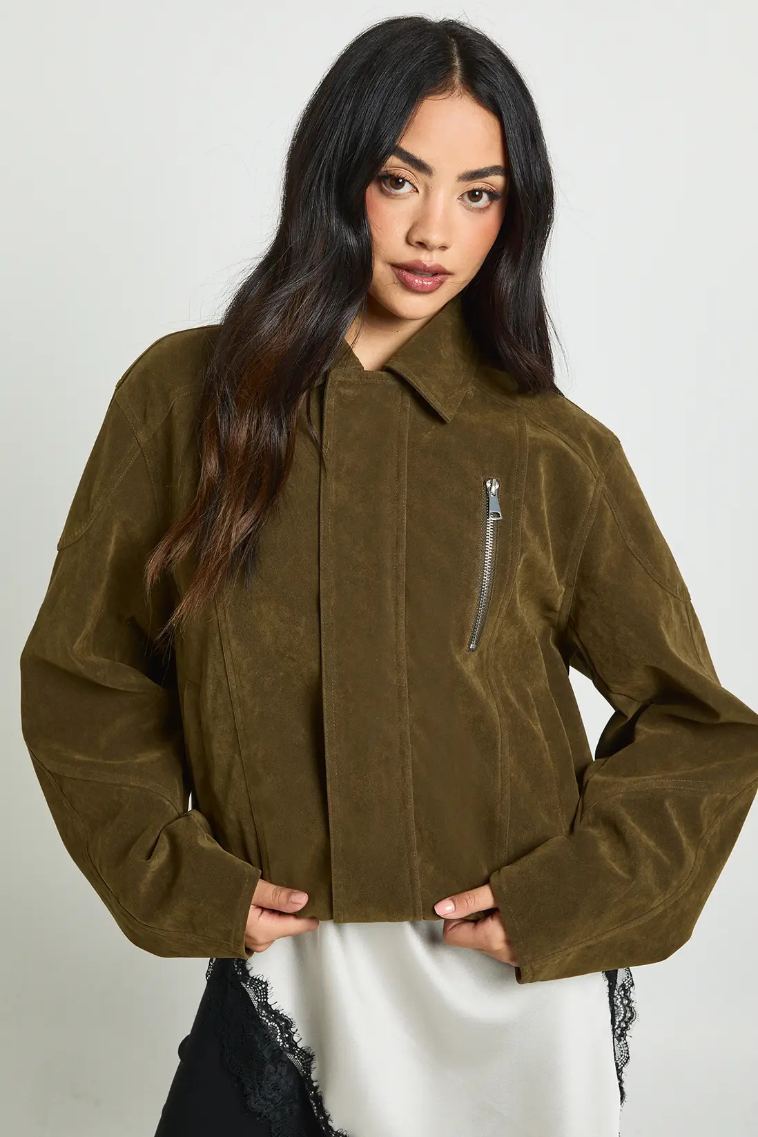 Khaki Boxy Faux Suede Bomber Jacket | Boohoo | Boohoo.com (UK & IE)