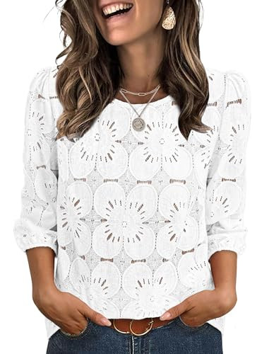 Sampeel Ladies Tops and Blouses White Summer Outfits Vacation Crochet Cute Tops Puff Short Sleeve Shirts 3/4 Sleeve Crew Neck Embroidered White 2XL | Amazon (US)