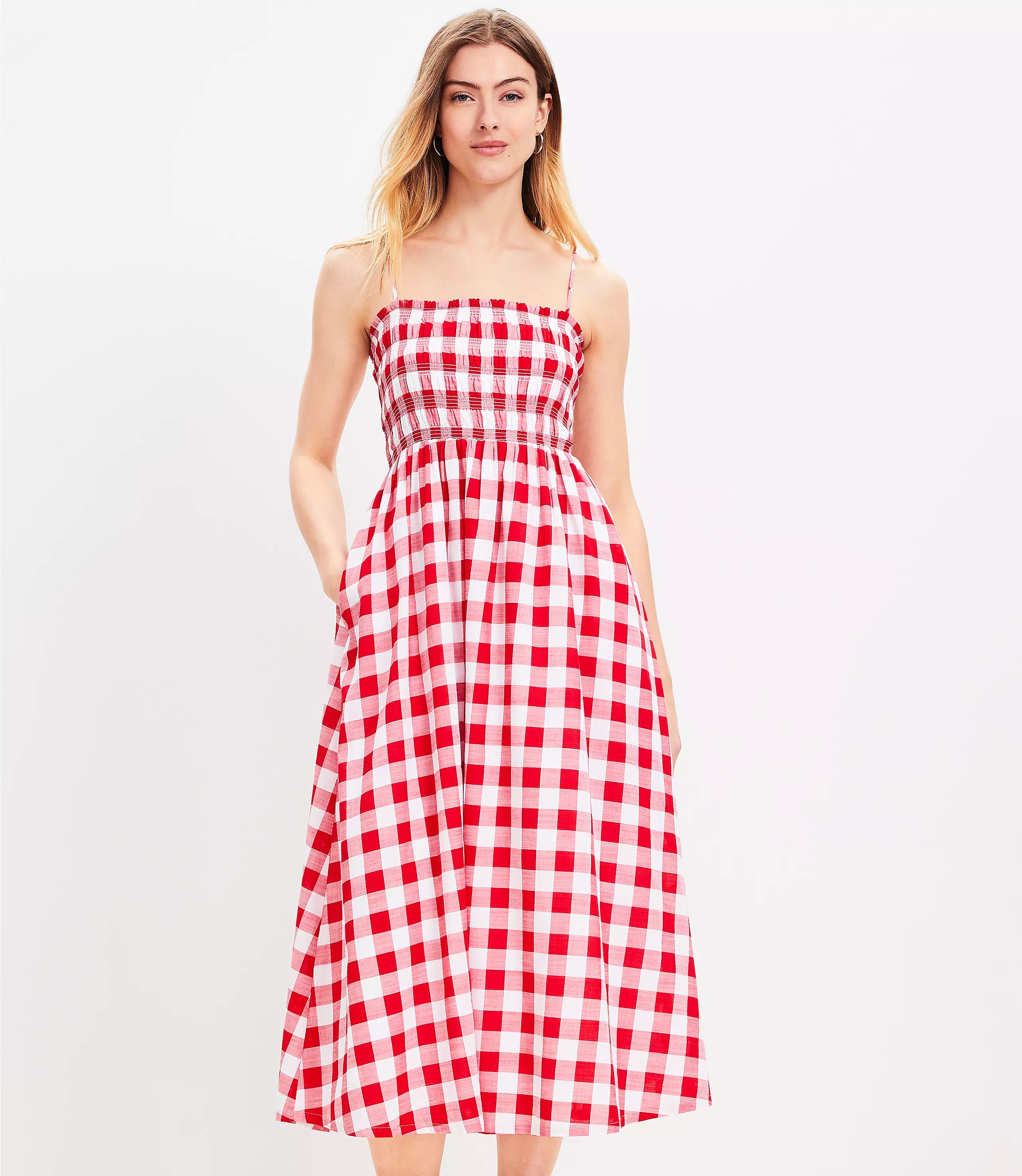 Tall Gingham Smocked Strappy Maxi Pocket Dress | LOFT