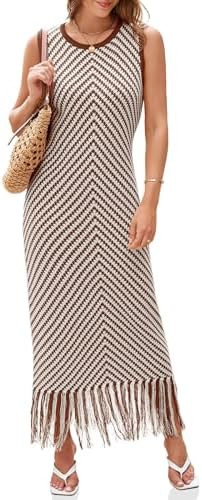 Wenrine Womens Summer Crochet Knit Dress Sleeveless Casual Striped Tassel Tank Sweater Boho Maxi ... | Amazon (US)