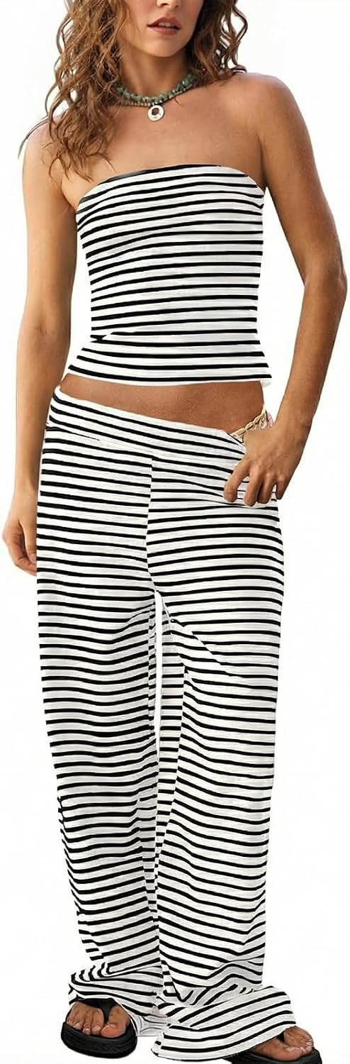 Tankaneo Womens Striped 2 Piece Set Summer Tube Tops Pants Matching Sets | Amazon (US)