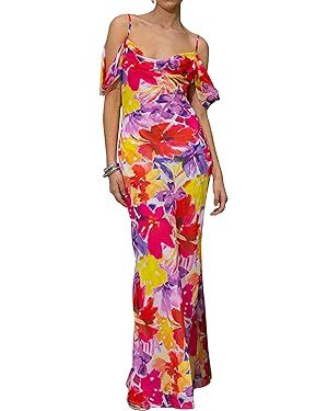 MASCOMODA Women 2024 Summer Spaghetti Strap Floral Bodycon Maxi Dress Sexy Backless Fitted Long F... | Amazon (US)