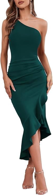 HUHOT Women's One Shoulder Long Formal Dresses Sleeveless Bodycon Ruched Mermaid Ruffle Hem Cockt... | Amazon (US)