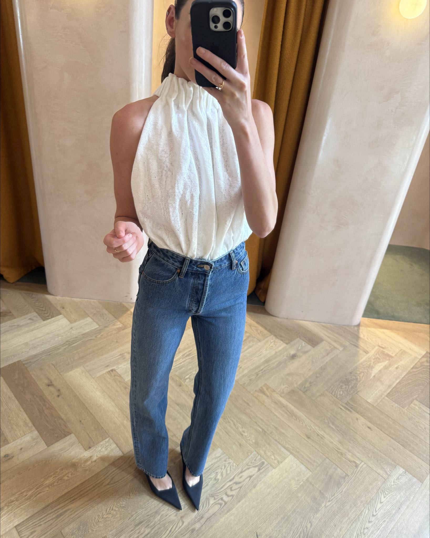Adore this top by Camilla and Marc- featuring a white textured high neck 
Style, Paired with their high waisted blue straight leg denim and black heels. A classic look that always looks chic

#LTKstyletip #LTKaustralia #LTKjeans