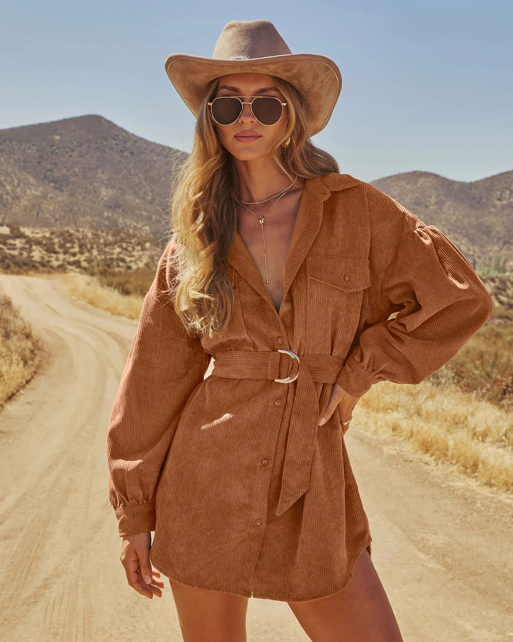 Clover Wood Corduroy Mini Shirt Dress Olive / XS | VICI