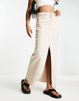 ASOS DESIGN lightweight denim maxi skirt with split front in taupe | ASOS (Global)