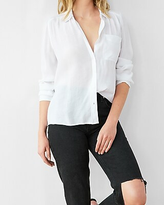 Crinkle Stripe One Pocket Boyfriend Shirt | Express