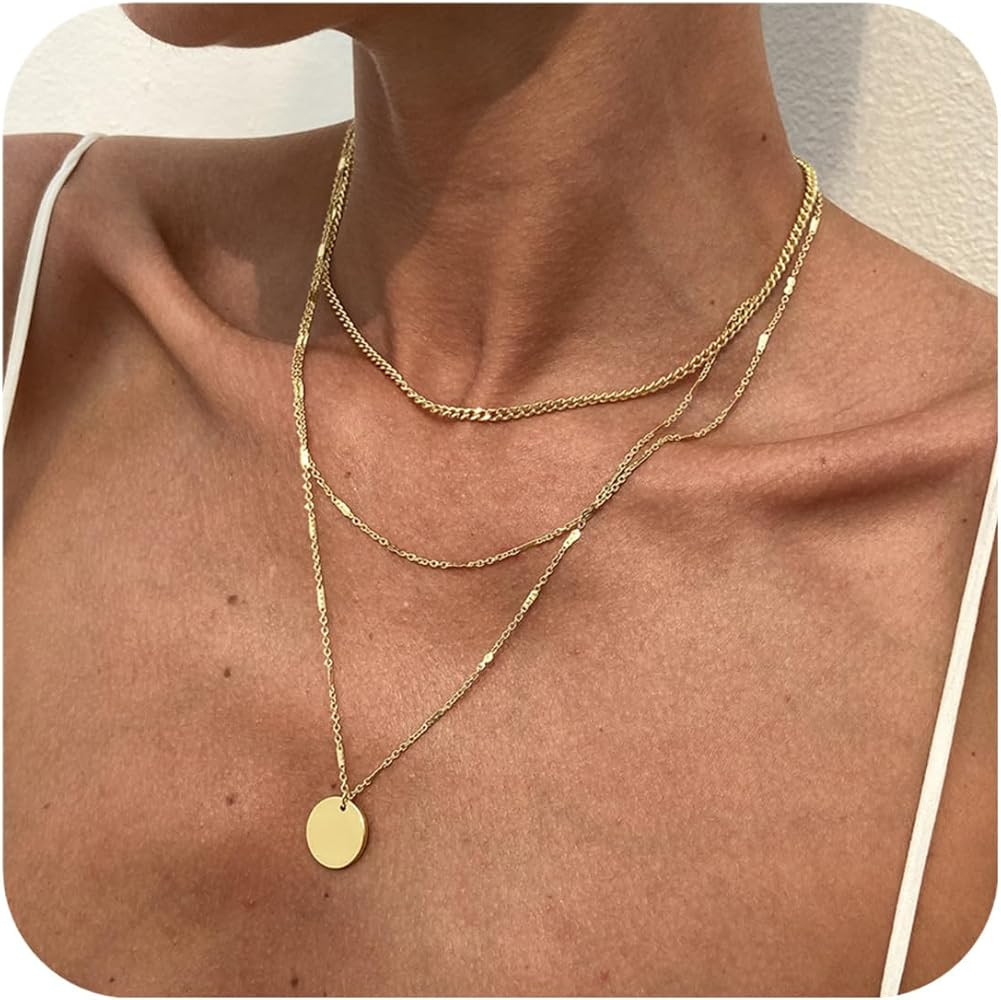 Gold Layered Necklaces for Women 14K Gold/Silver Chunky Cuban Layering Choker Simple Stackable Co... | Amazon (US)
