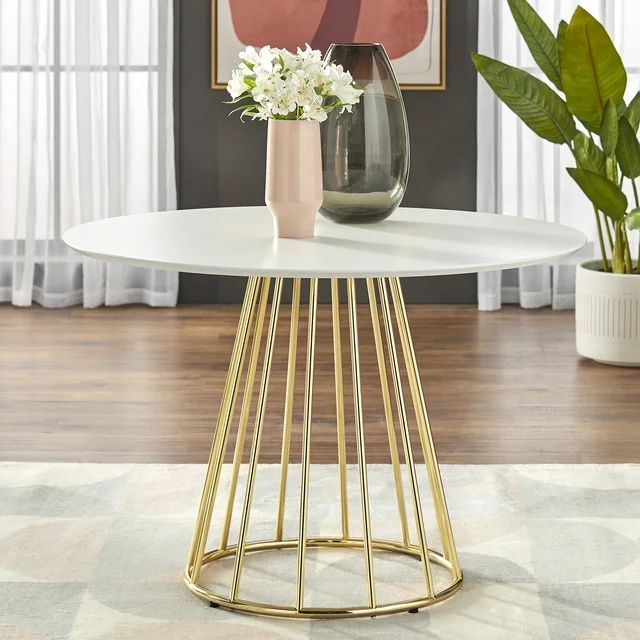 TMS Marsai Mid-Century 43.3 in x 43.3 in x 29.9 in Round Metal Dining Table, White/Gold | Walmart (US)