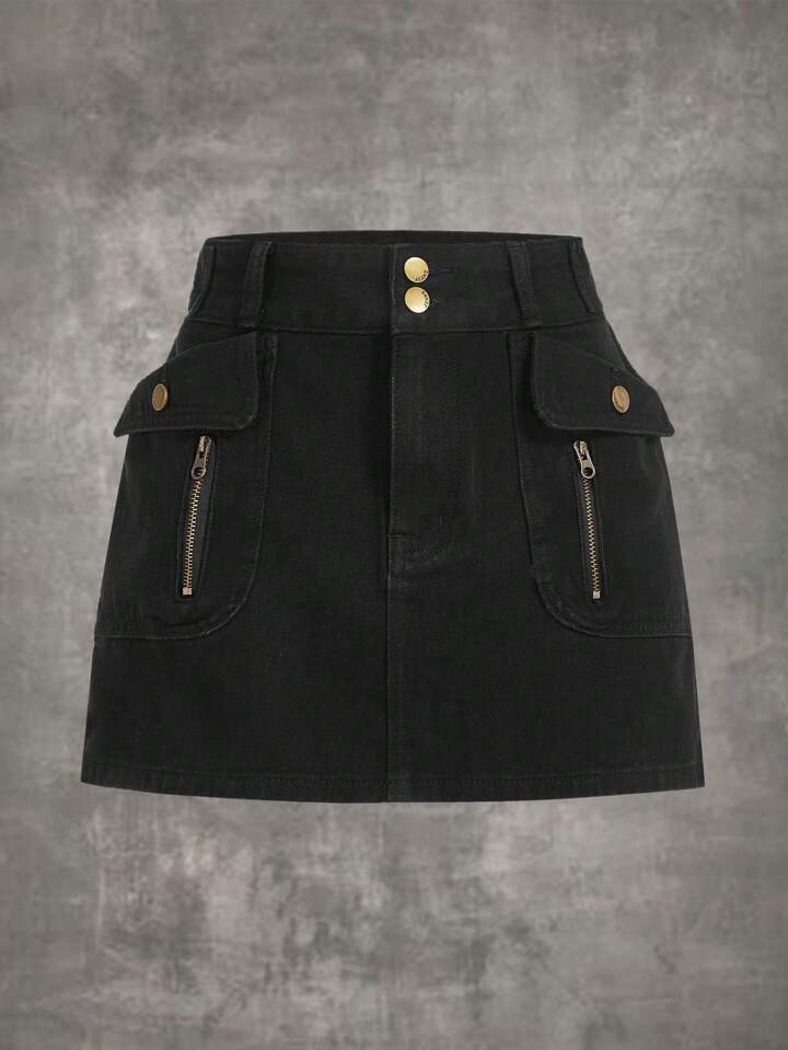 Grunge Punk Flap Pocket Zip Detail Denim Skirt | SHEIN