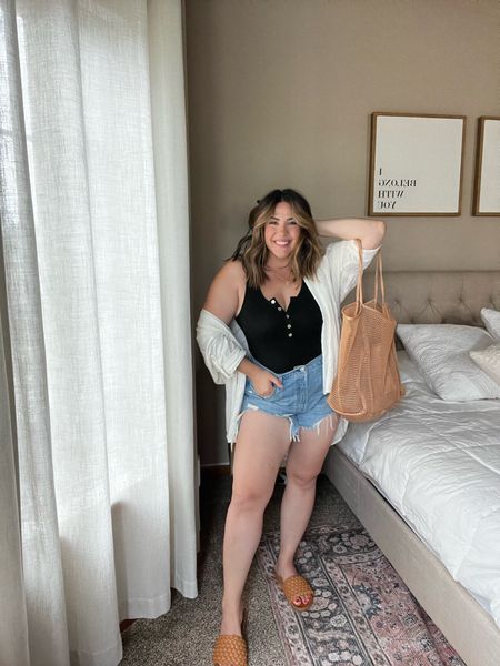 Midsize summer casual outfit.
Mom on the go outfit. Comfy cool casual look. 
Beachy boho look.
Midsize jean shorts and bodysuit. 

#LTKSeasonal #LTKcurves #LTKstyletip