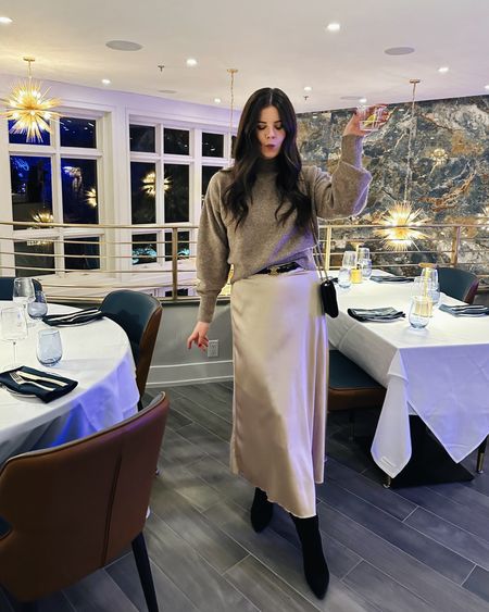 Winter midi skirt outfit, champagne slip skirt, mock neck sweater, Isabel Marant dupes, Celine belt, winter outfit, classy outfit, night out outfit

#LTKfindsunder100 #LTKMostLoved