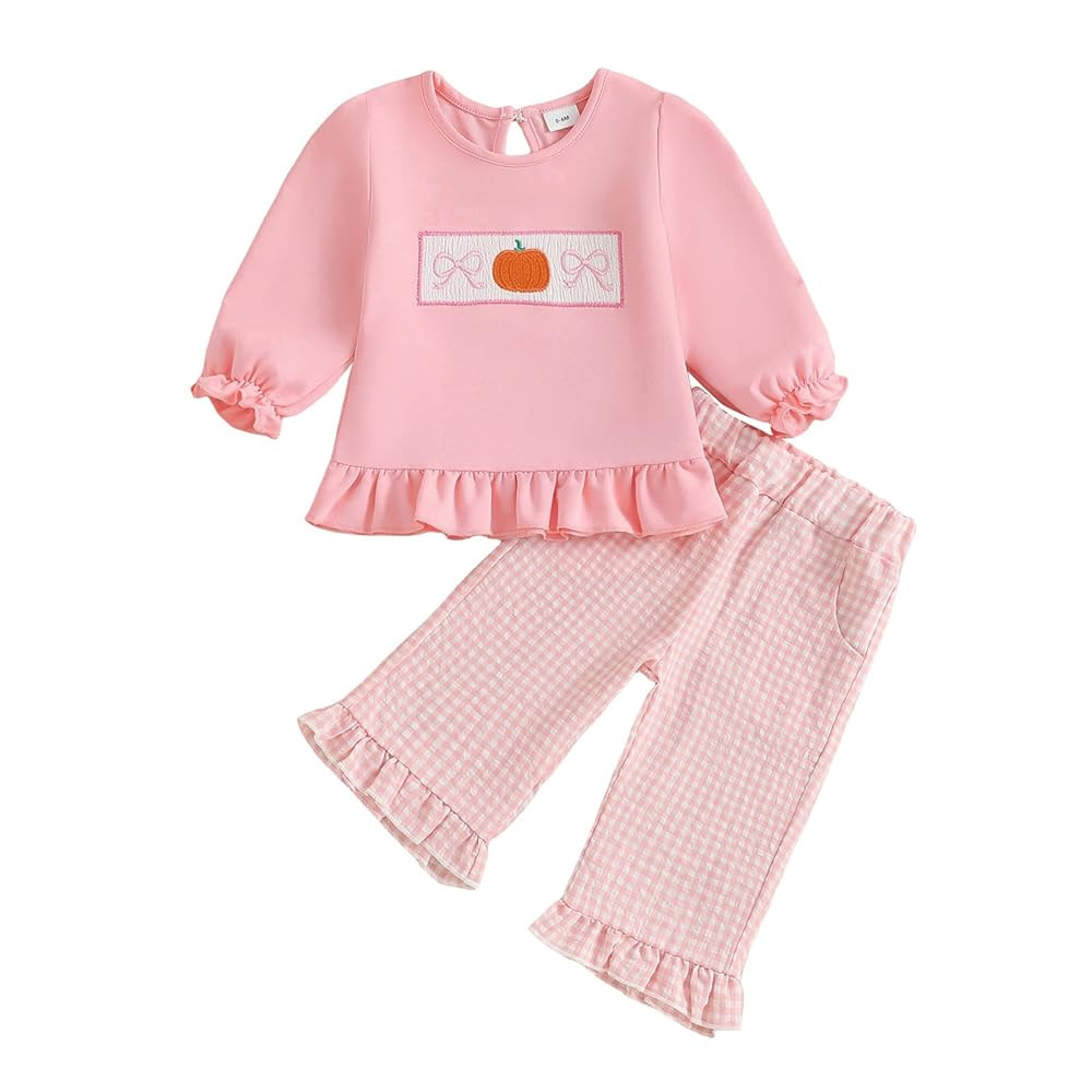 Toddler Girls Pumpkin Outfits Long Puff Sleeve Ruffle Tops and Gingham Pants Set 2Pcs Infant Baby... | Amazon (US)