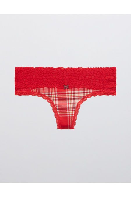 Aerie Sugar Cookie Lace Shine Thong Underwear Women's Chilly Red M | American Eagle Outfitters (US & CA)