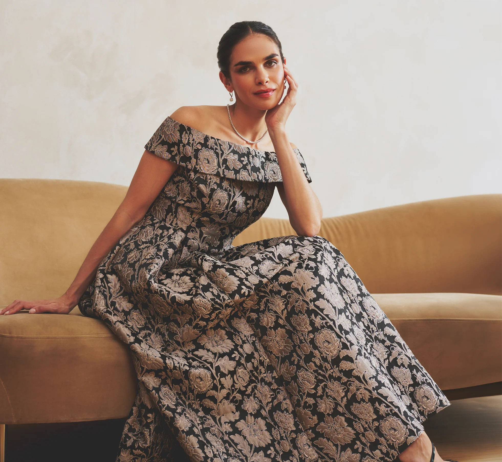 Multi Colored Off Shoulder Metallic Floral Jacquard Ankle Dress - Adrianna Papell | Adrianna Papell