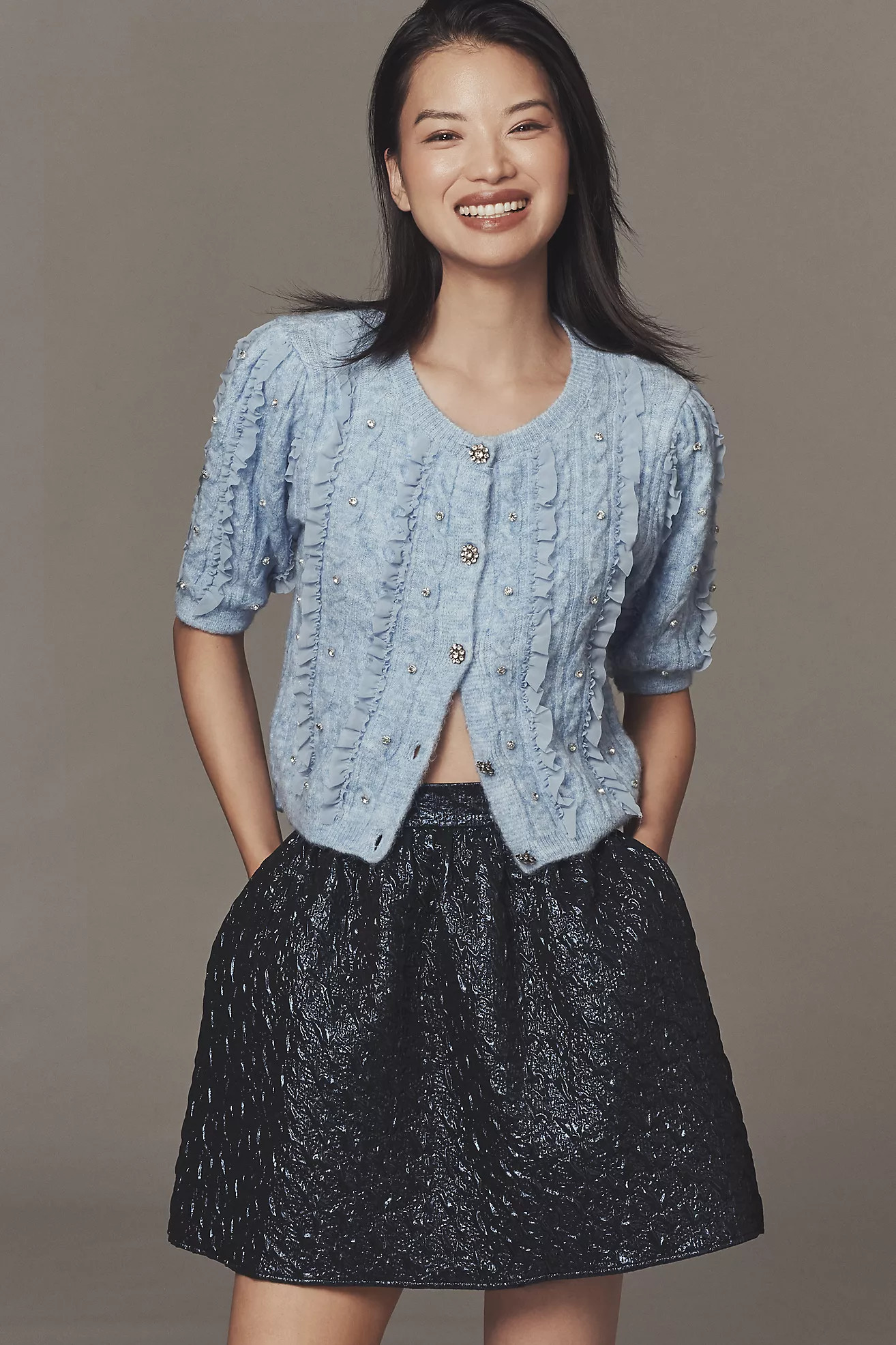 Maeve Short-Sleeve Embellished Ruffled Cardigan Sweater | Anthropologie (US)