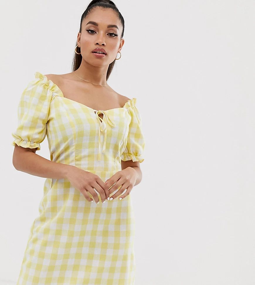 Miss Selfridge Petite linen dress with puff sleeves in yellow check-Multi | ASOS (Global)