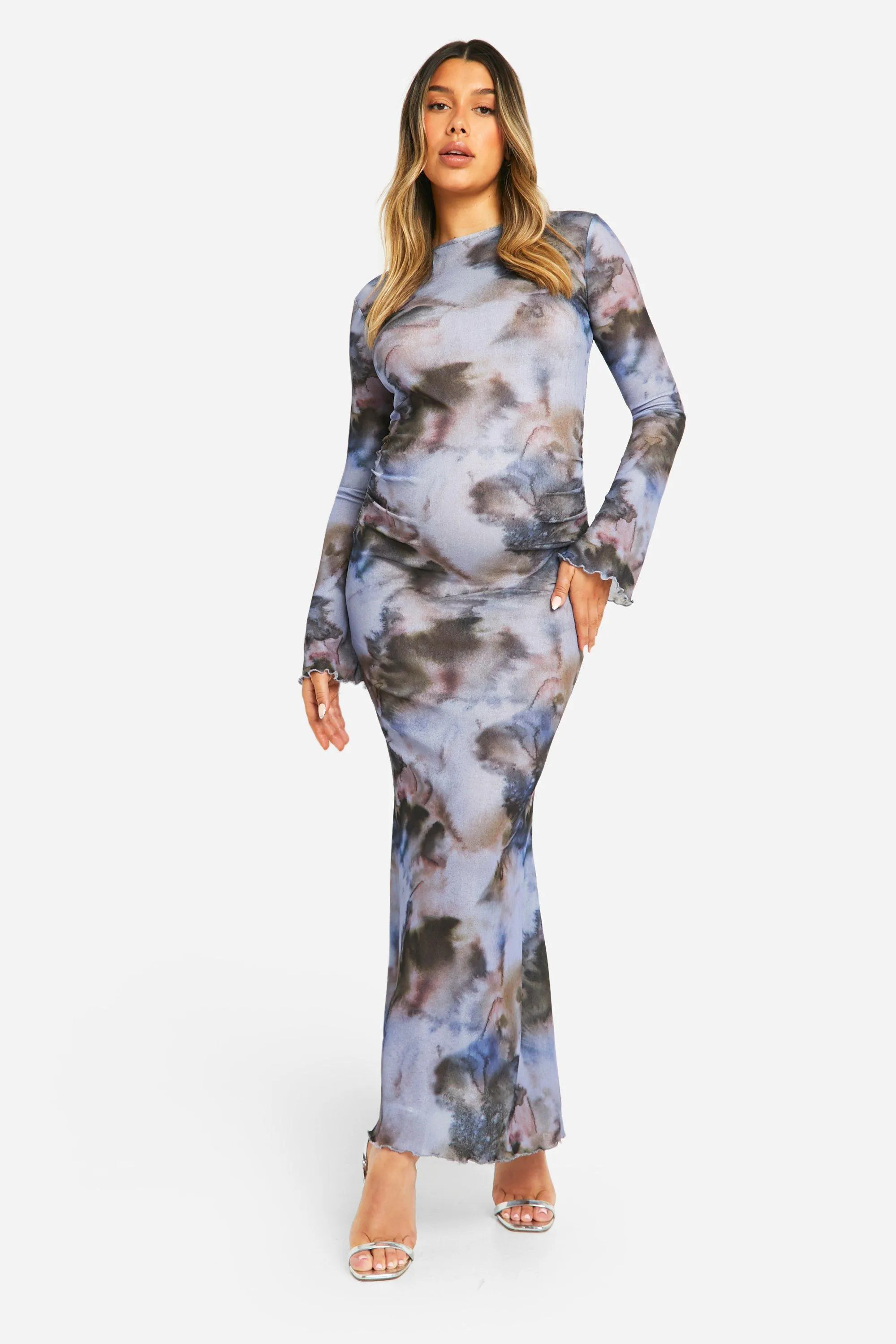 Maternity Abstract Print Lettuce Hem Long Sleeve Maxi Dress | boohoo (US & Canada)