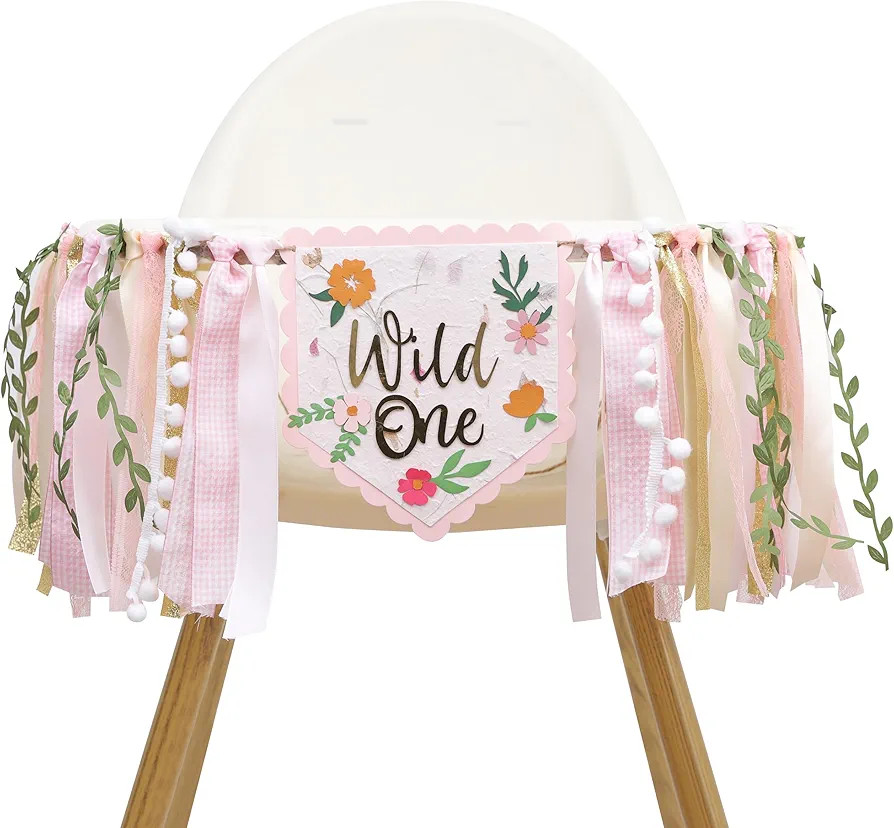 Wild Flower High Chiair Banner-Floral 1st Birthday Decoration-Pink Garland For Baby Girls，Our L... | Amazon (US)