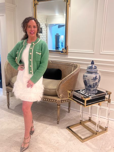Green for spring! My white feather dress is old but I linked similar options 

#LTKstyletip #LTKparties #LTKover40